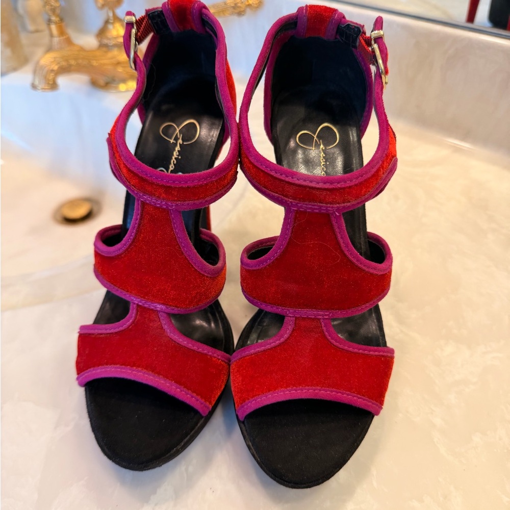 Jessica Simpson BRUNO Very Red Velvet Platforms Strappy Heels Shoes, 7M - Picture 2 of 12